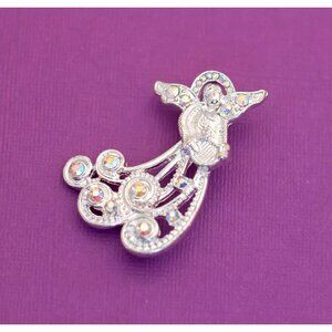 Vintage Mid Century Angel Rhinestone Silver Tone Brooch - Q9